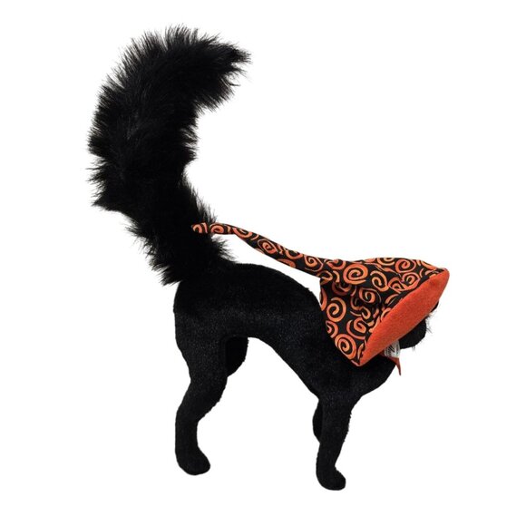 14" Annalee Halloween Black Cat Figurine With Orange Witch Hat & Fluffy Tail - Picture 3 of 4